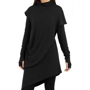 Asymmetrical Solid Black Mock Neck Turtleneck Dress